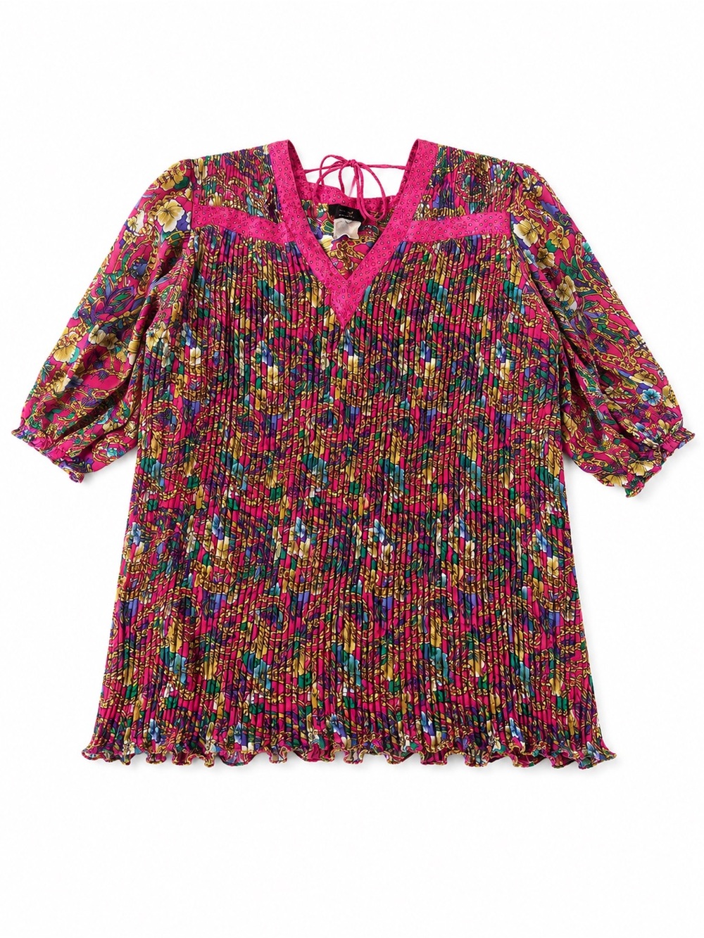 Vintage Diane Freis Georgette Pleated Tunic Blouse Boho Resort Pink